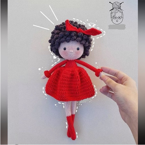 Hand knitted Crochet red dress Doll with curly hair
